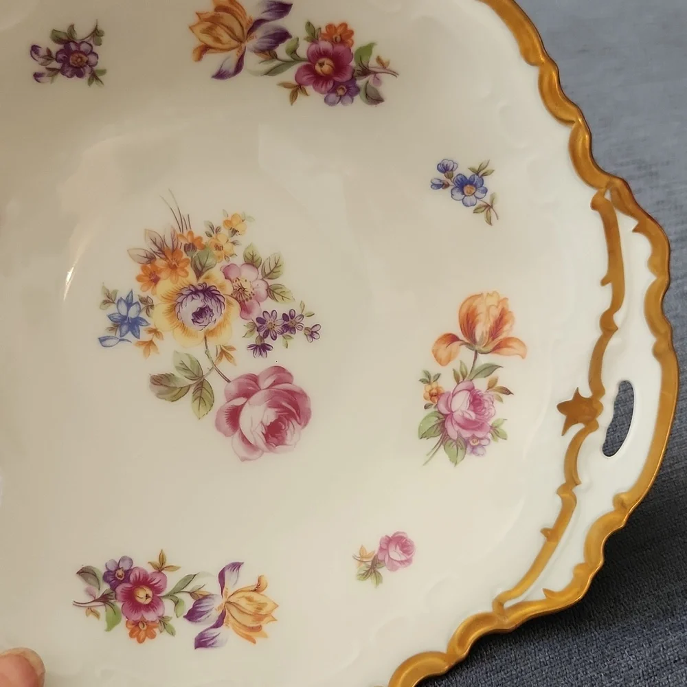 Vintage German Reichenbach Scalloped Gold Rim Floral Fruit Bowl